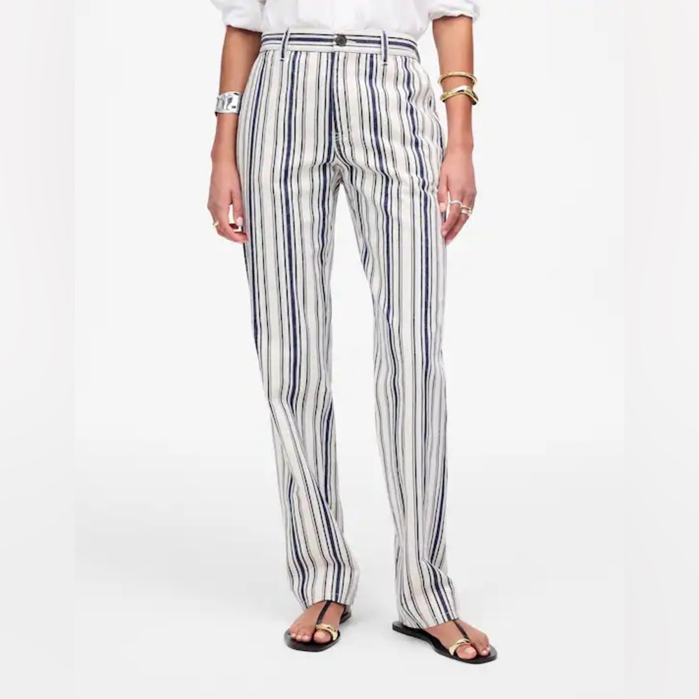 Madewell The Dean Easy Straight Pant Striped Cotton Linen Ivory Blue Women’s 31